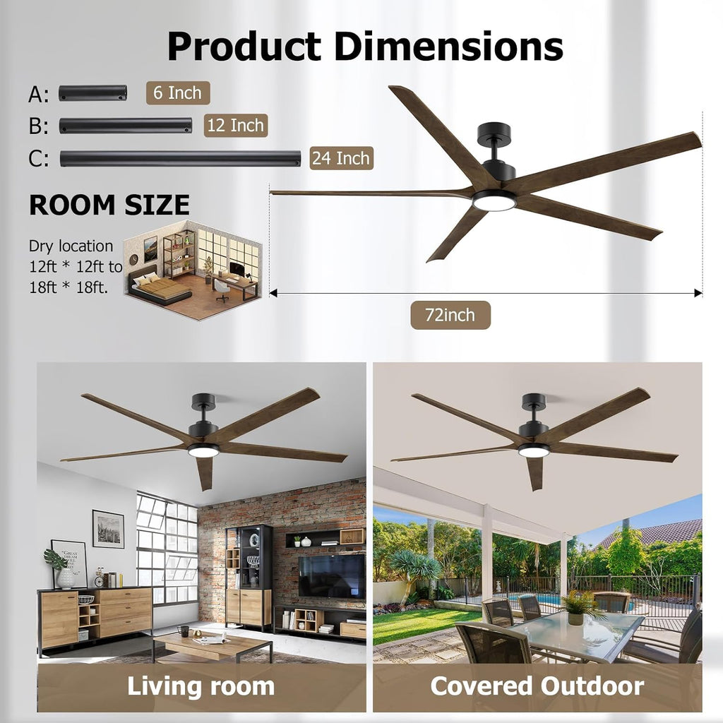 72 Inch Ceiling Fan with Lights, Outdoor Wood Silent Ceiling Fans, Modern Large Airflow High CFM Farmhouse Fan, Quiet Reversible DC Motor 5 Blades for Bedroom Living Room Exterior Patios