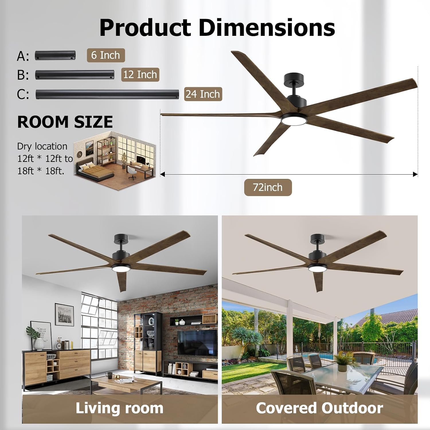 72 Inch Ceiling Fan with Lights, Outdoor Wood Silent Ceiling Fans, Modern Large Airflow High CFM Farmhouse Fan, Quiet Reversible DC Motor 5 Blades for Bedroom Living Room Exterior Patios