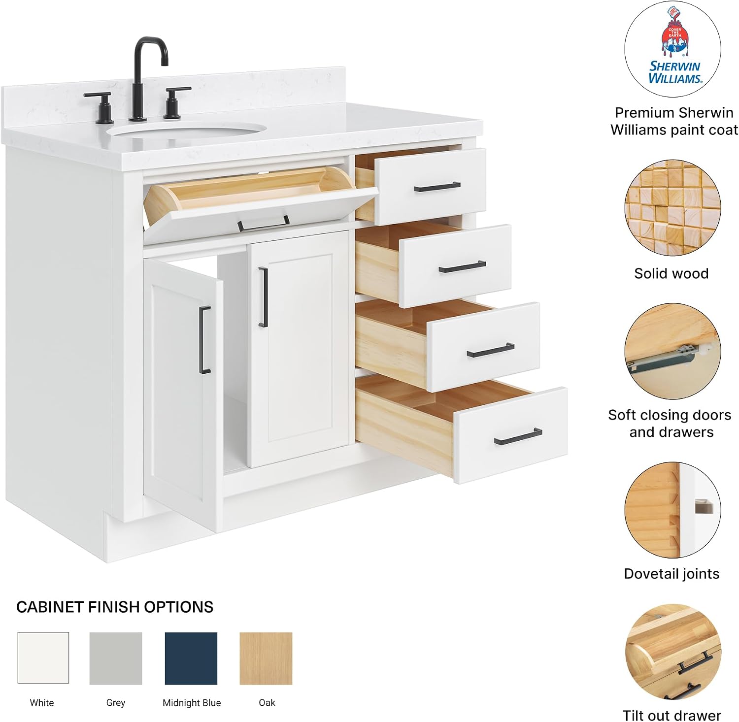 DKB Isabella 42-Inch White Bathroom Vanity with Sink, 1.5' Carrara Quartz Countertop, Solid Wood Frame, Left Oval Sink, 2 Soft Closing Doors, 5 Full Extension Drawers, Toe Kick