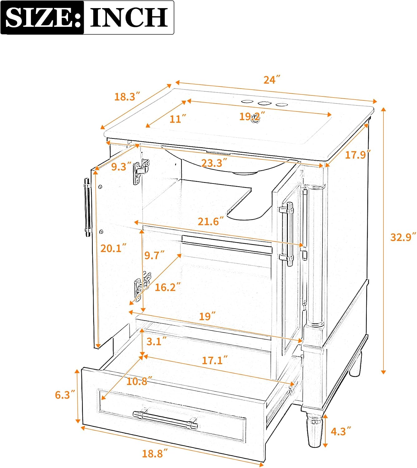 VilroCaz 24' Modern Bathroom Vanity with Ceramic Sink, Ornate Motif Design Doors & Soft-Close Hinges, Wood Bathroom Cabinet with Drawer, Ornately Carved French Cylinder Legs (White-4.23)