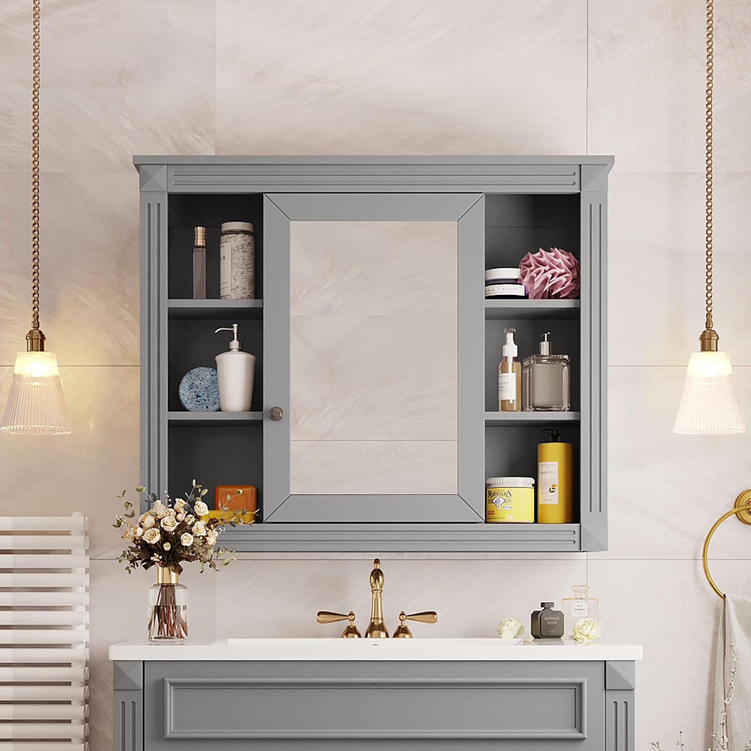 Virubi Bathroom Medicine Cabinet with Mirror, 35' W x 27.5' H Wall Cabinet with Door and Adjustable Shelves, Over Toilet Storage Cabinet, Wall-Mounted Bathroom Mirrors for Over Sink