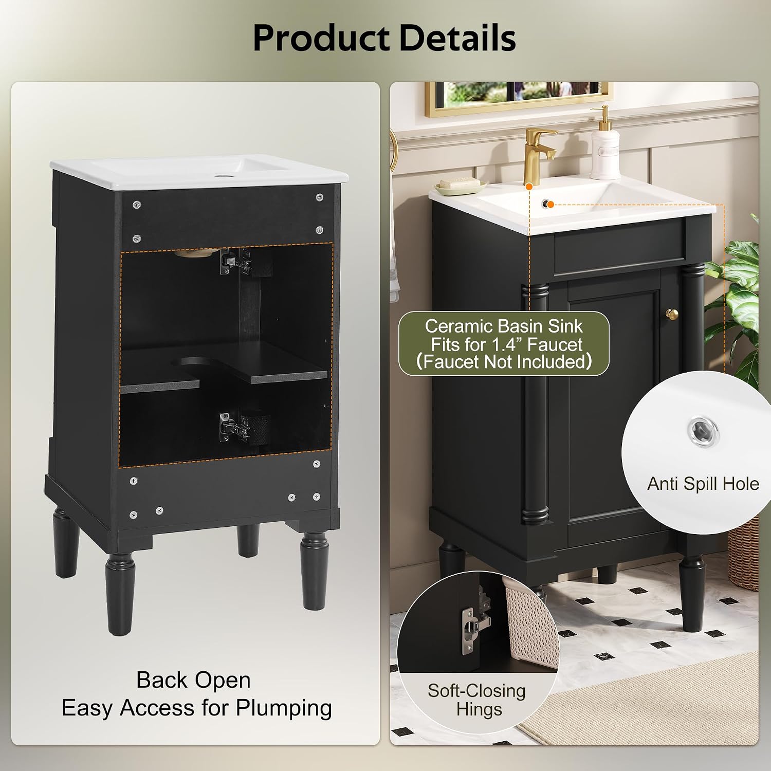 18' Small Bathroom Vanity with Ceramic Sink Freestanding Bathroom Vanity with 1 Soft-Close Door,2-Tier Storage Cabinet with Adjustable Shelf Single Sink Vanity with Roman Column Base,Black
