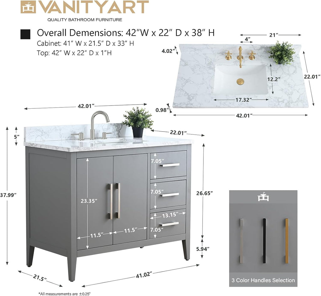 Vanity Art 42 inch Bathroom Vanity with Single Sink & Ceramic Top, Vanity Cabinet with Soft-Closing Doors, Drawers, Solid Wood Frame, Cashmere Gray, Brushed Nickle Handware