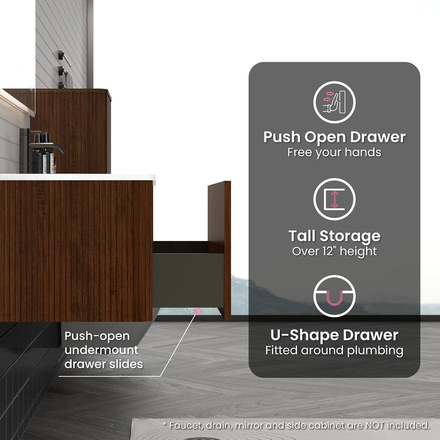 36' Bathroom Vanity with Sink, Modern Floating Vanity with Push Open Soft Close Drawer, Large Storage for Bathroom, Hotel, Walnut, Fully Assembled - Camellia Collection