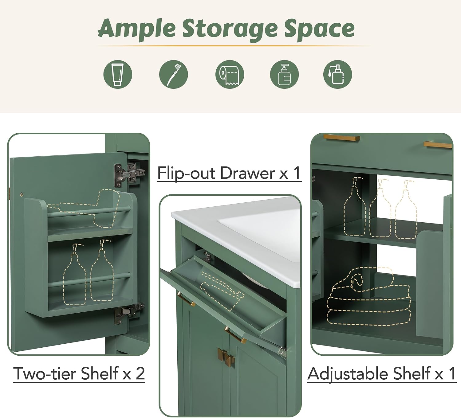 Harper & Bright Designs 60' Bathroom Vanity Set with Double Sink, Vanity Cabinet with Flip Drawer, 2 Doors, and Adjustable Shelf, Solid Wood Bathroom Cabinet with Ceramic Basin for Bathroom, Green