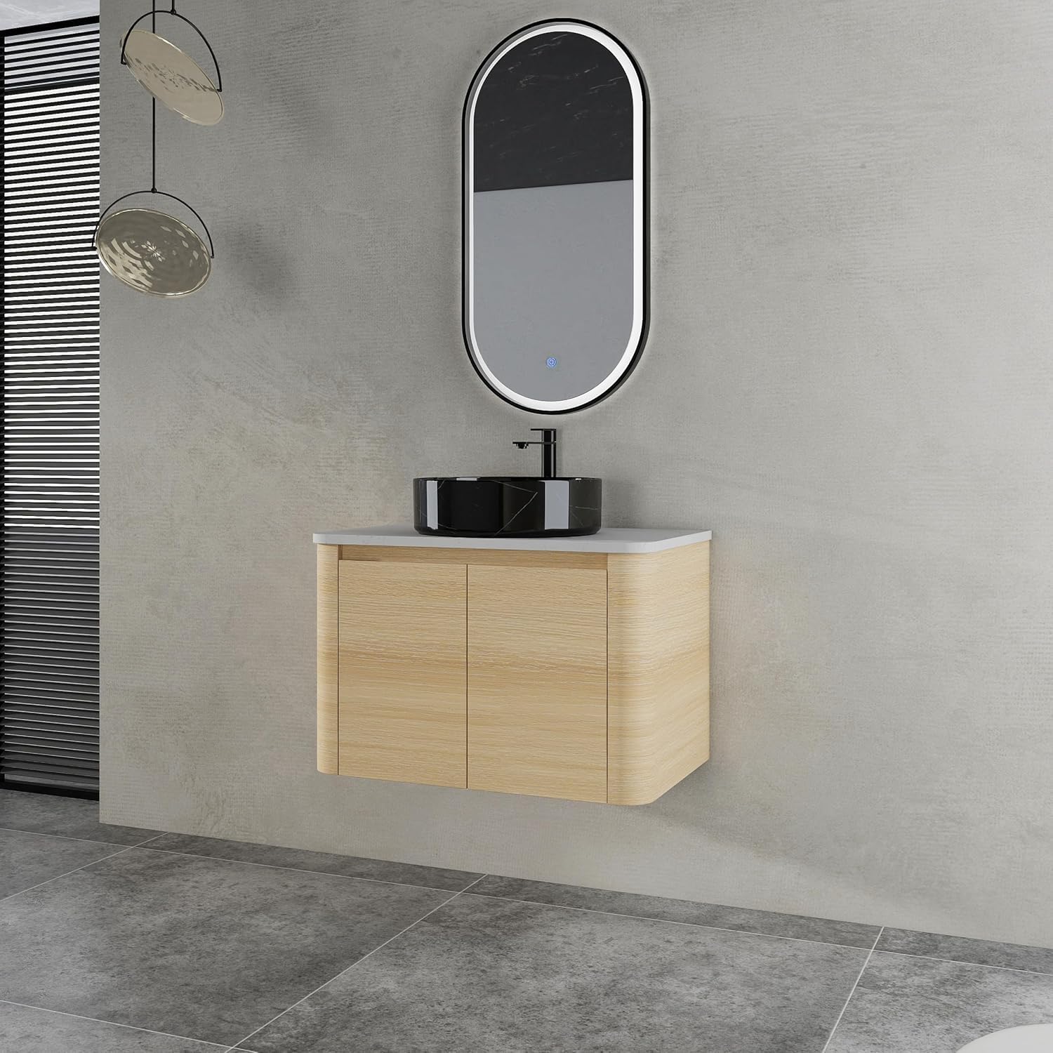 30 Inch Wall-Mounted Bathroom Vanity with Sink Combo Modern Floating Bathroom Vanitites with Round Ceramic Vessel Sink 30' Bathroom Sink Cabinet with Marble Counter Top & Soft Closing Door