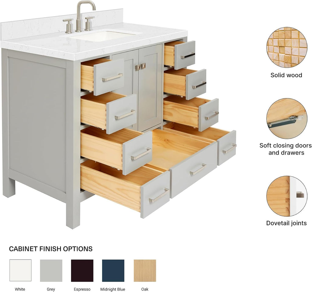 ARIEL Cambridge 42-inch Bathroom Vanity with Sink,Solid Wood, 1.5-inch Carrara White Quartz Countertop, Single Rectangular Porcelain Sink, 2 Soft Closing Doors, 9 Dovetail Drawers, Grey