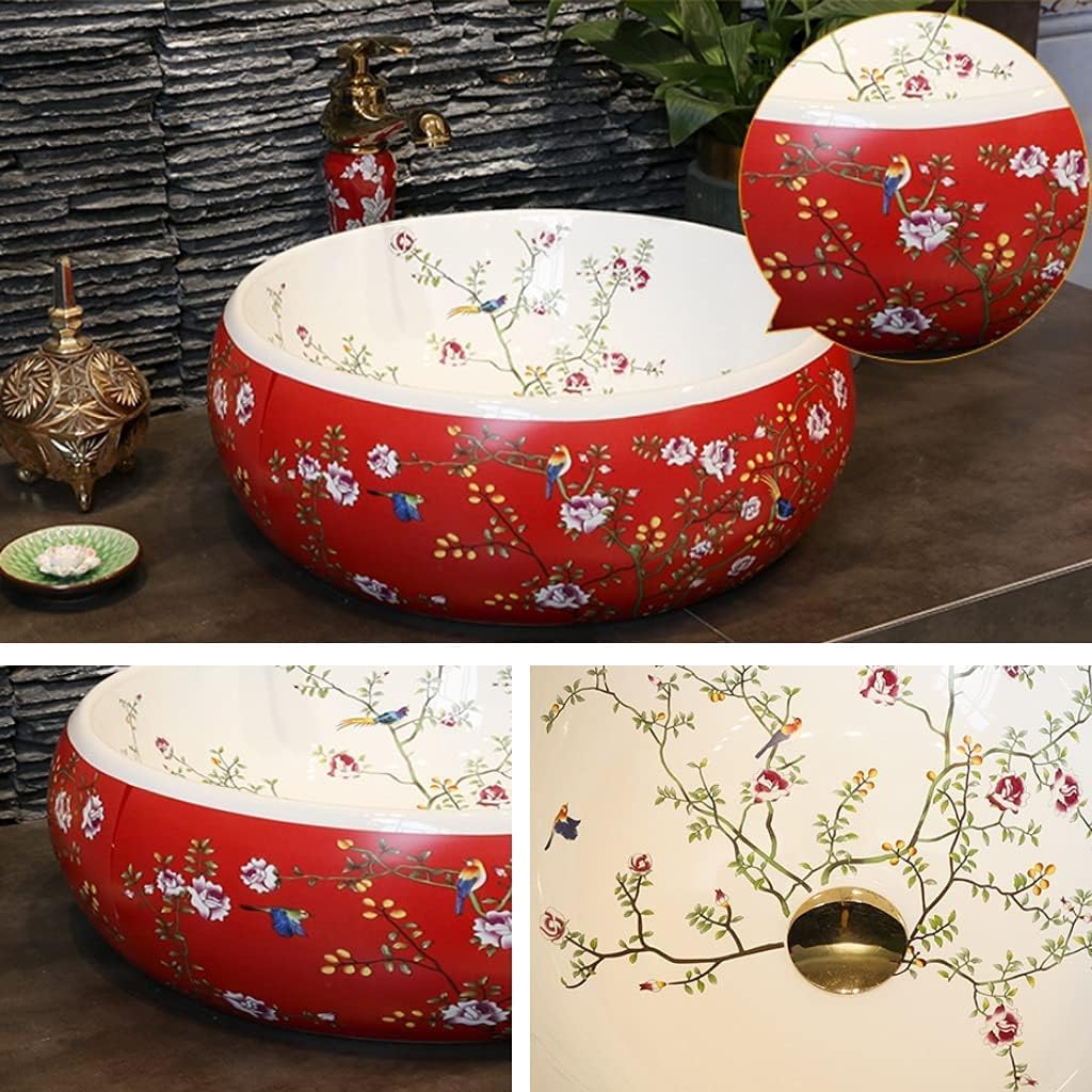 Bathroom Bar Vanity Vessel Sinks Above Counter Vanity Sink Tops Chinese Ceramic Lowes Bathroom Vanities Individual Flower and Bird Art Basin,42 * 15Cm,Redset,42 * 15cm
