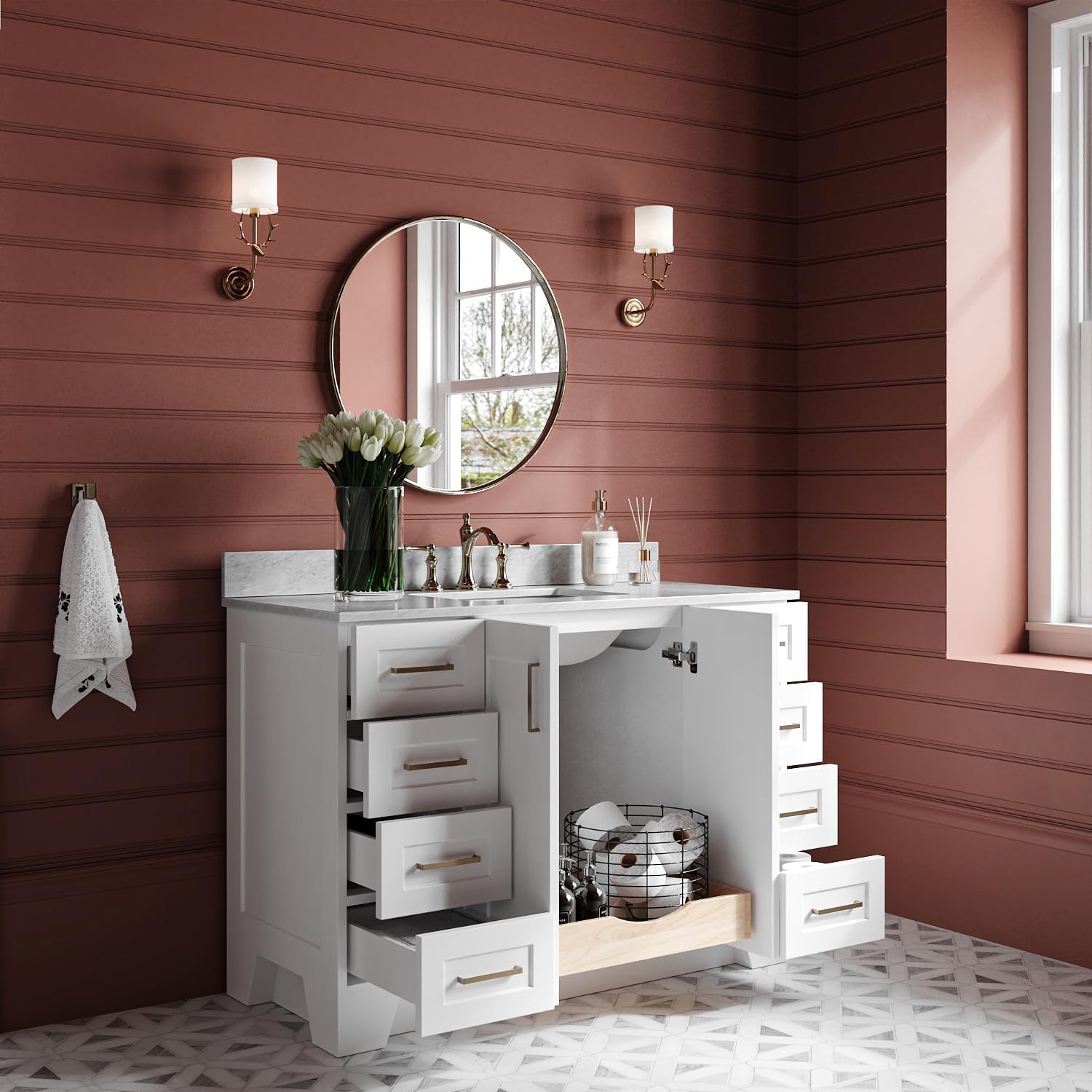ARIEL Taylor 48-inch Bathroom Vanity with Sink,Solid Wood, 0.75-inch Italian Carrara Marble Countertop, Single Rectangular Porcelain Sink, 2 Soft Closing Doors, 9 Dovetail Drawers, White