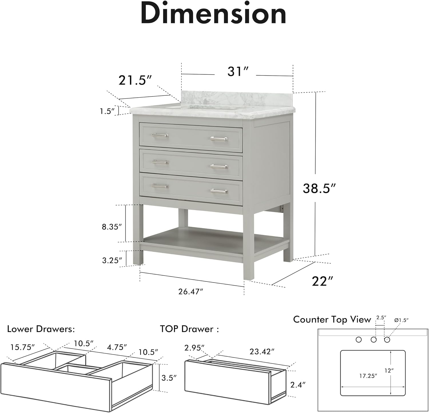 Furniture of America Genevieve 31 inch Modern Bathroom Vanity with Sink, Wood Cabinet with Carrera Marble Top, Soft-Closing Drawers and Open Shelf, Blue