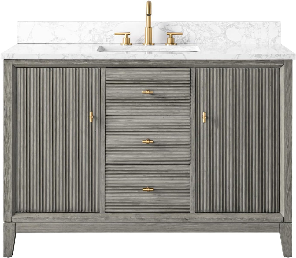HOMEBEYOND 48' Bathroom Vanity with Single Sink & Engineered Marble Top, Solid Wood Frame, Linear Pattern & Soft Close Door | Golden Brushed Handware, Driftwood Gray