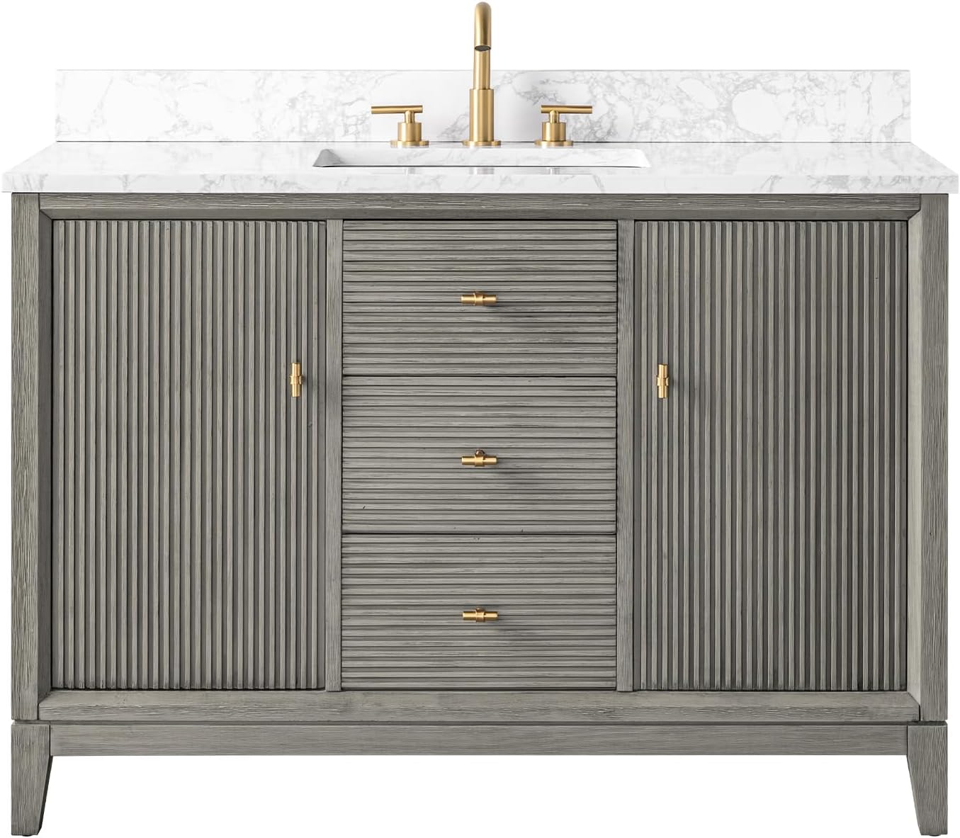 HOMEBEYOND 48' Bathroom Vanity with Single Sink & Engineered Marble Top, Solid Wood Frame, Linear Pattern & Soft Close Door | Golden Brushed Handware, Driftwood Gray