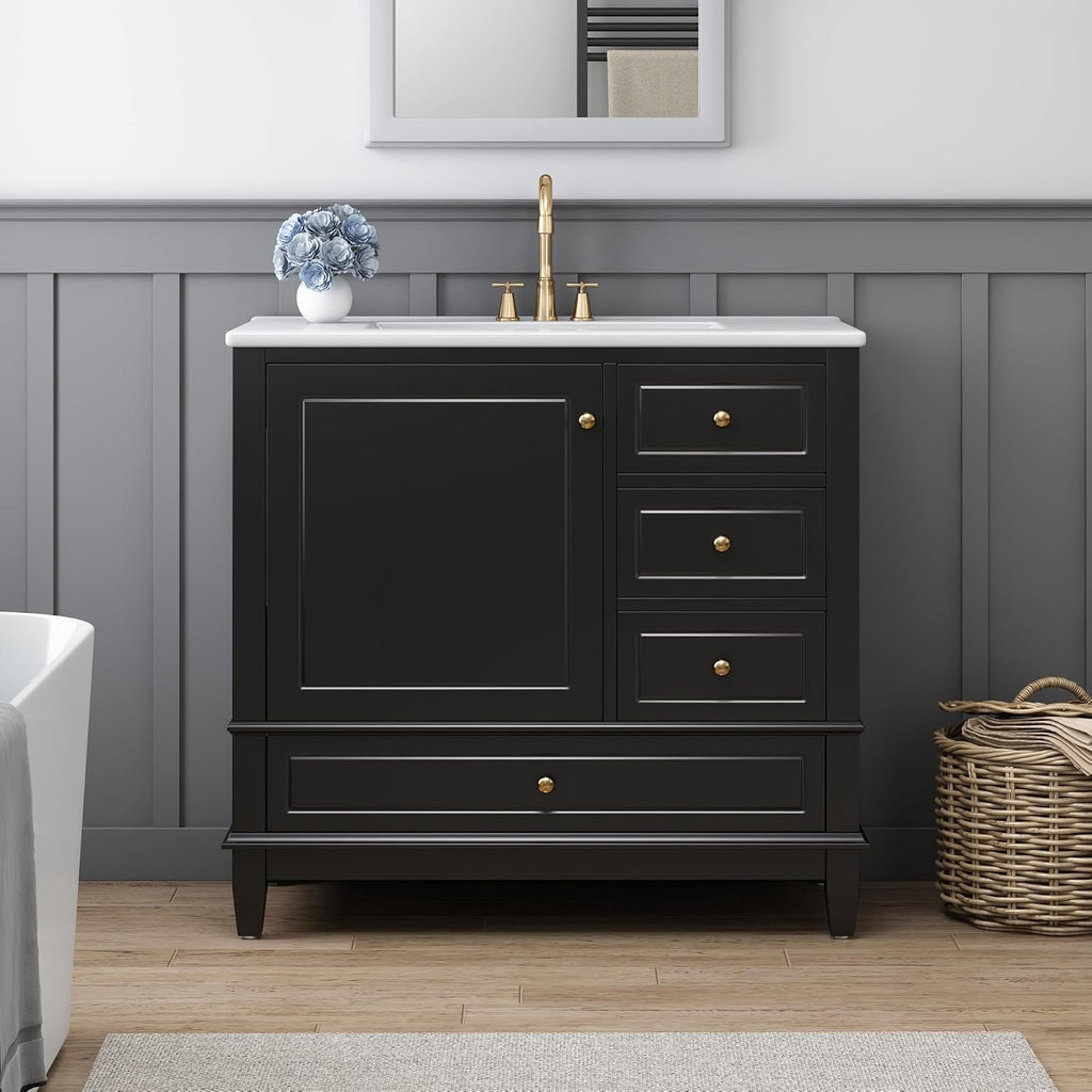 36 Inch Bathroom Vanity with Sink Set, Undermount Vanity Sink Cabinet with 3 Drawers and Door Storage, Soft Closing Door, Wood Frame, Black