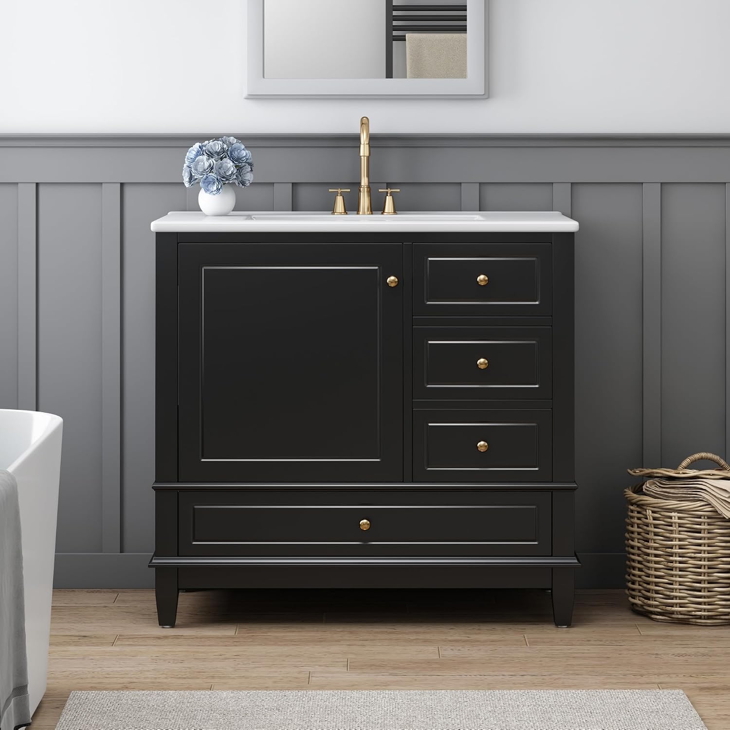 36 Inch Bathroom Vanity with Sink Set, Undermount Vanity Sink Cabinet with 3 Drawers and Door Storage, Soft Closing Door, Wood Frame, Black