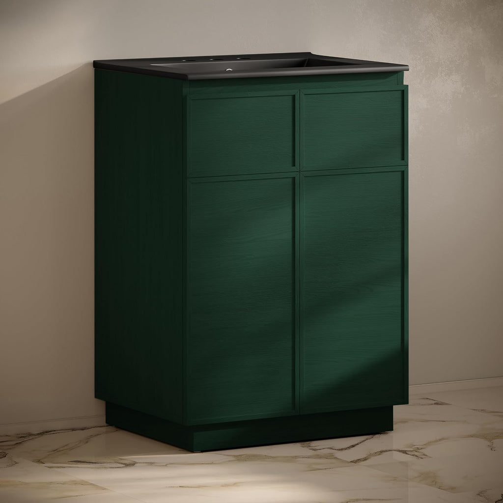 St. Tropez 24' Freestanding Bathroom Vanity in Green Oak with Black 3-Hole Widespread Sink Top