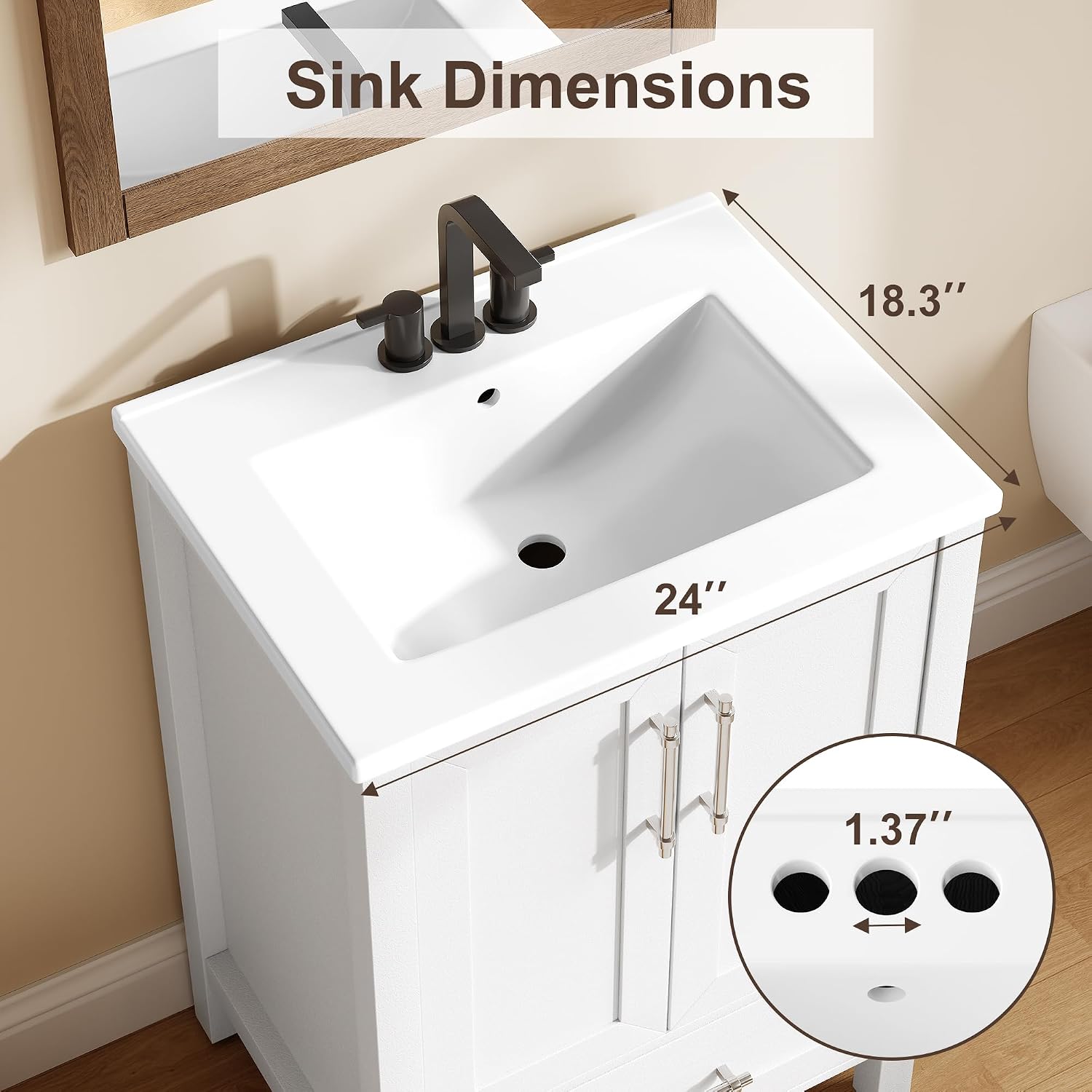 GarveeHome 24' Bathroom Vanity with Sink, Vintage Bathroom Cabinet Vanity with Doors & Drawers, Farmhouse Wooden Freestanding Bathroom Cabinet with Top