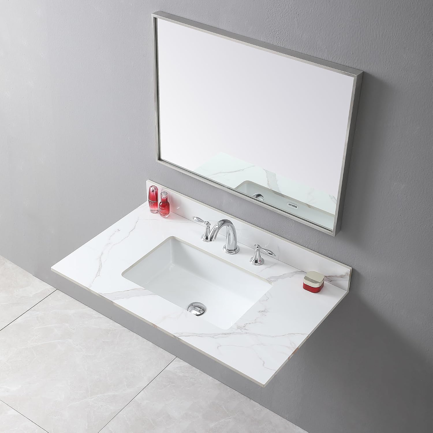 37 Inch Bathroom Vanity Top with Undermounted Large Ceramic Sink & Backsplash, Sintered Stone Artificial Marble Vanity Sink Tops with 3 hole, Carrara Gold