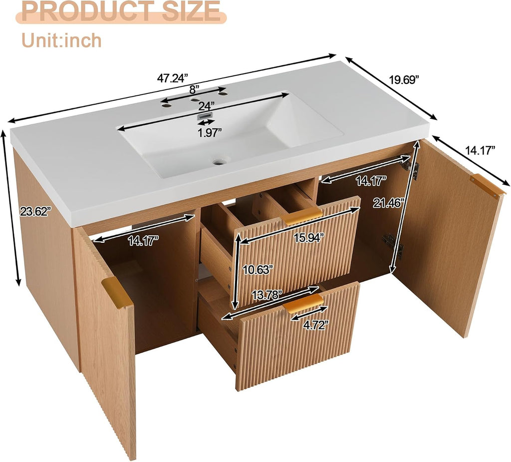 48'' Floating Bathroom Vanity with Sink, Painted Surface Wall Mounted Bathroom Vanity Cabinet, Soft Closing System, SMC Vanity Top, Natural