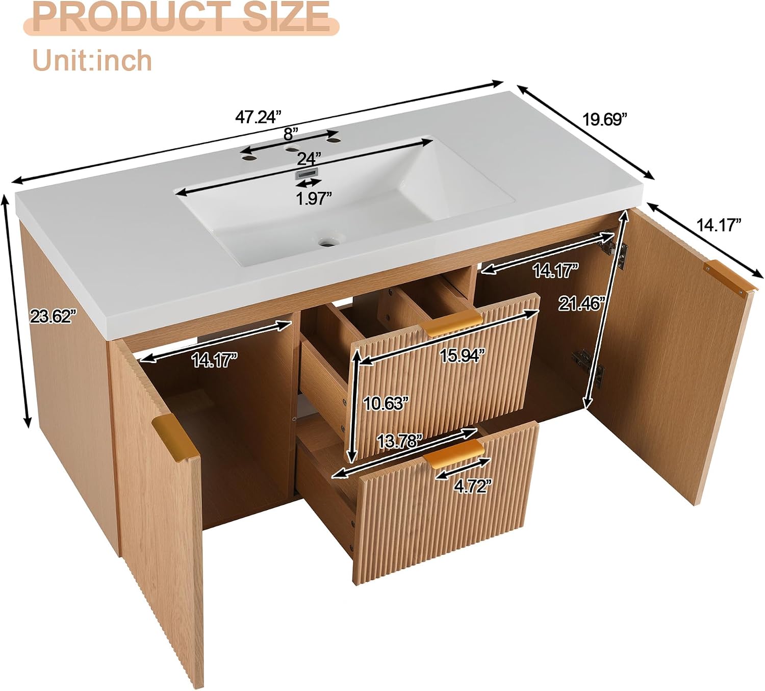 48'' Floating Bathroom Vanity with Sink, Painted Surface Wall Mounted Bathroom Vanity Cabinet, Soft Closing System, SMC Vanity Top, Natural