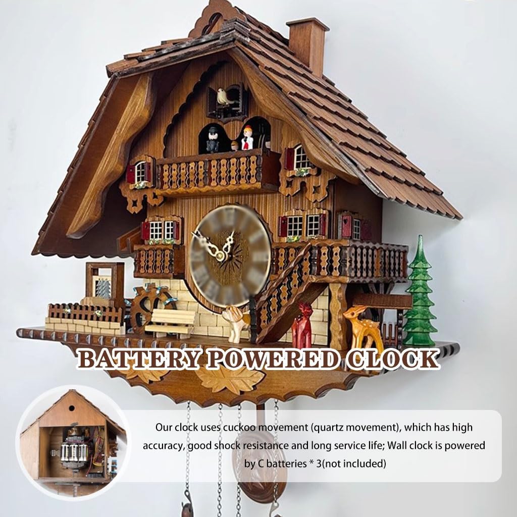Cuckoo Clocks Exquisite Hand-Carved Cuckoo Clock, Living Room Wall Clock with Pendulum, Quartz Movement Wooden Wall Clock, Roman Dial/Arabic Dial (Color : Brown, Size : Arabic Dial)