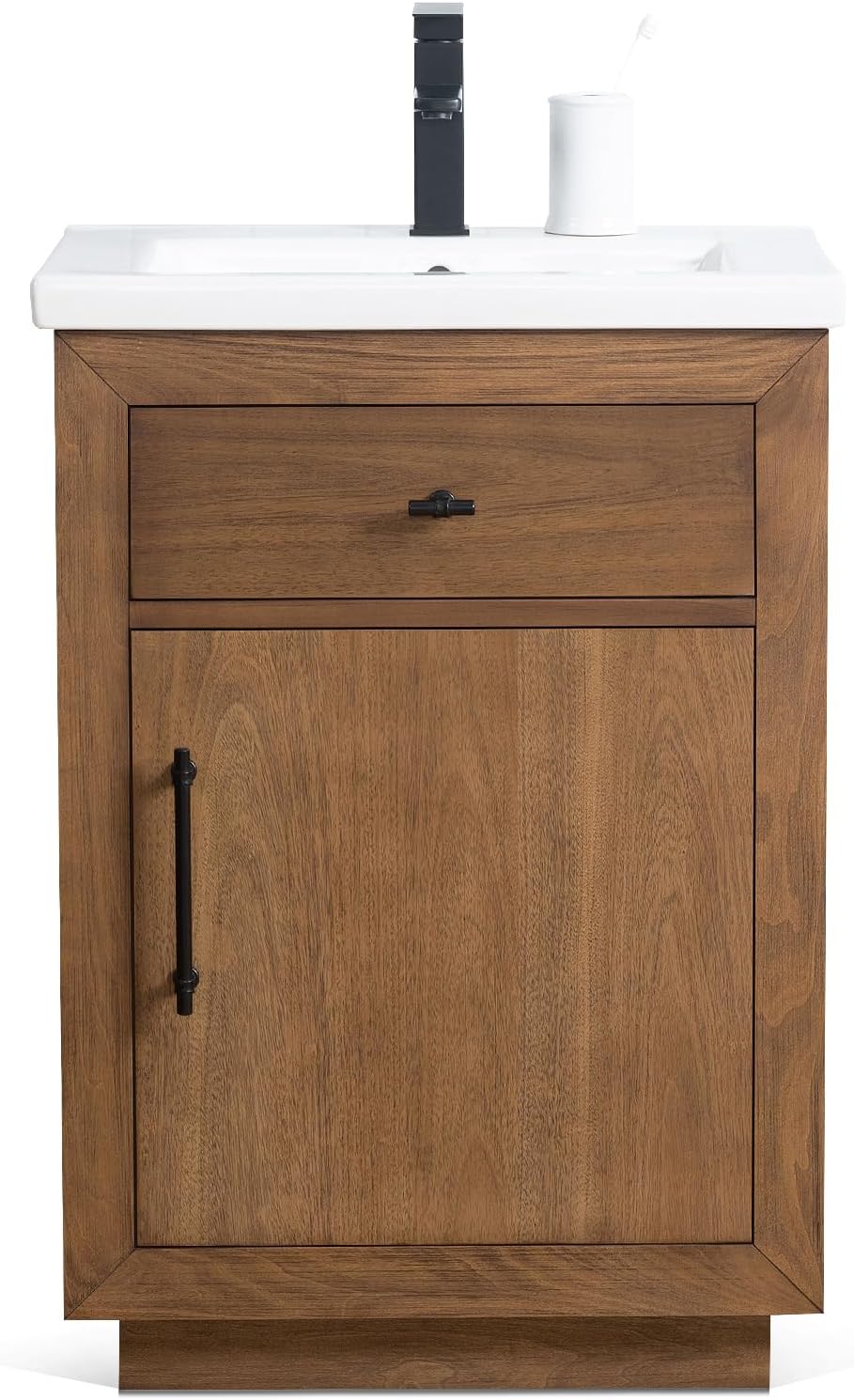 HOMEBEYOND 24' Bathroom Vanity with Single Sink & Ceramic Top, MDF Material Vanity Cabinet with Basin Combo, Soft-Closing Doors, Removable Shelf, Backsplash,Tan