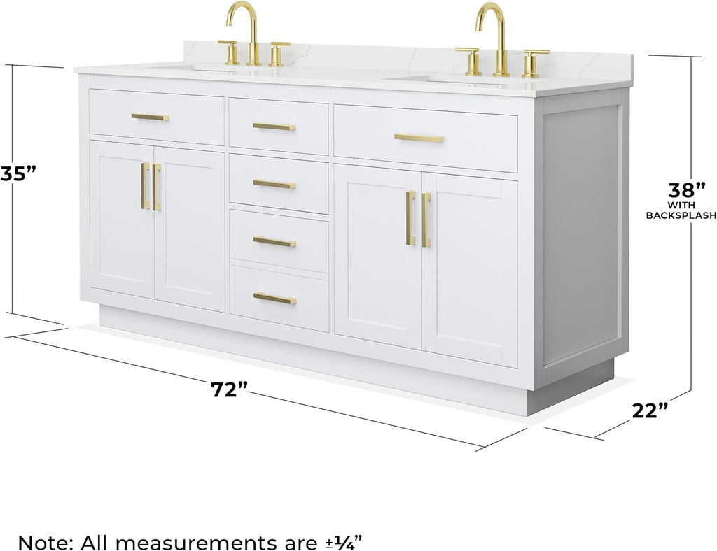 Wyndham Collection Beckett 72 Inch Double Bathroom Vanity with Toe Kick in White, Giotto Quartz Countertop, Undermount Square Sinks (3-Hole), Brushed Gold Trim