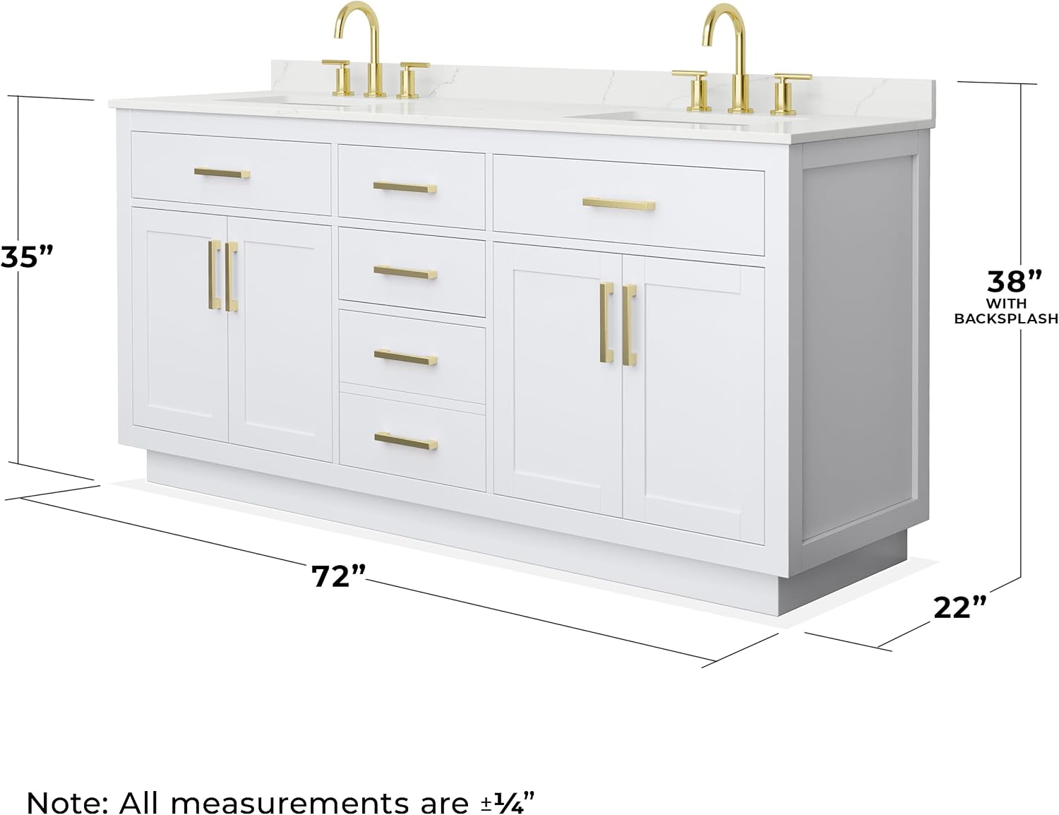 Wyndham Collection Beckett 72 Inch Double Bathroom Vanity with Toe Kick in White, Giotto Quartz Countertop, Undermount Square Sinks (3-Hole), Brushed Gold Trim