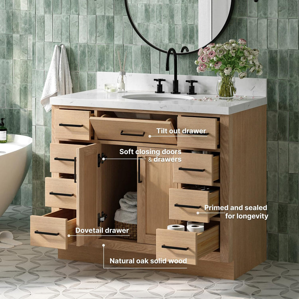 ARIEL Hepburn 42-inch Bathroom Vanity Base Cabinet,Solid Wood, 2 Soft Closing Doors, 9 Dovetail Drawers, White Oak