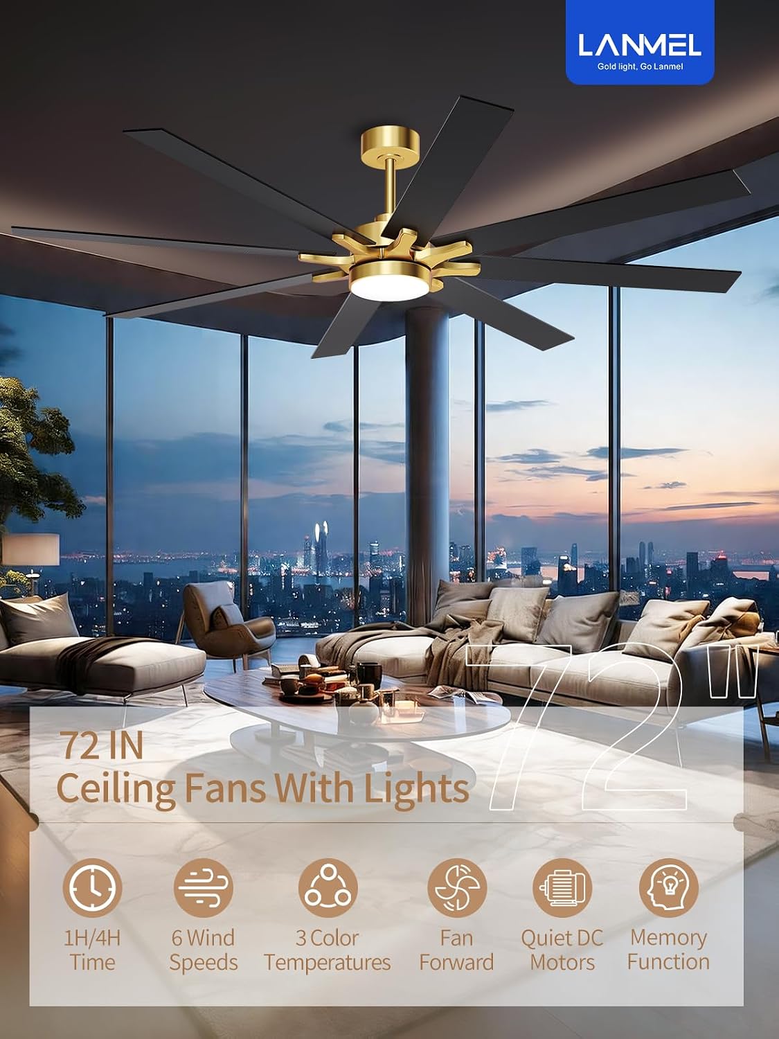 LANMEL Ceiling Fan with Light, Modern Flush Mount Low Profile with Remote Control, Reversible, 3CCT Dimmable, Quiet,LED for Bedroom, Living Room, Indoor/Outdoor Patio Use 72 Inch Gold & Black