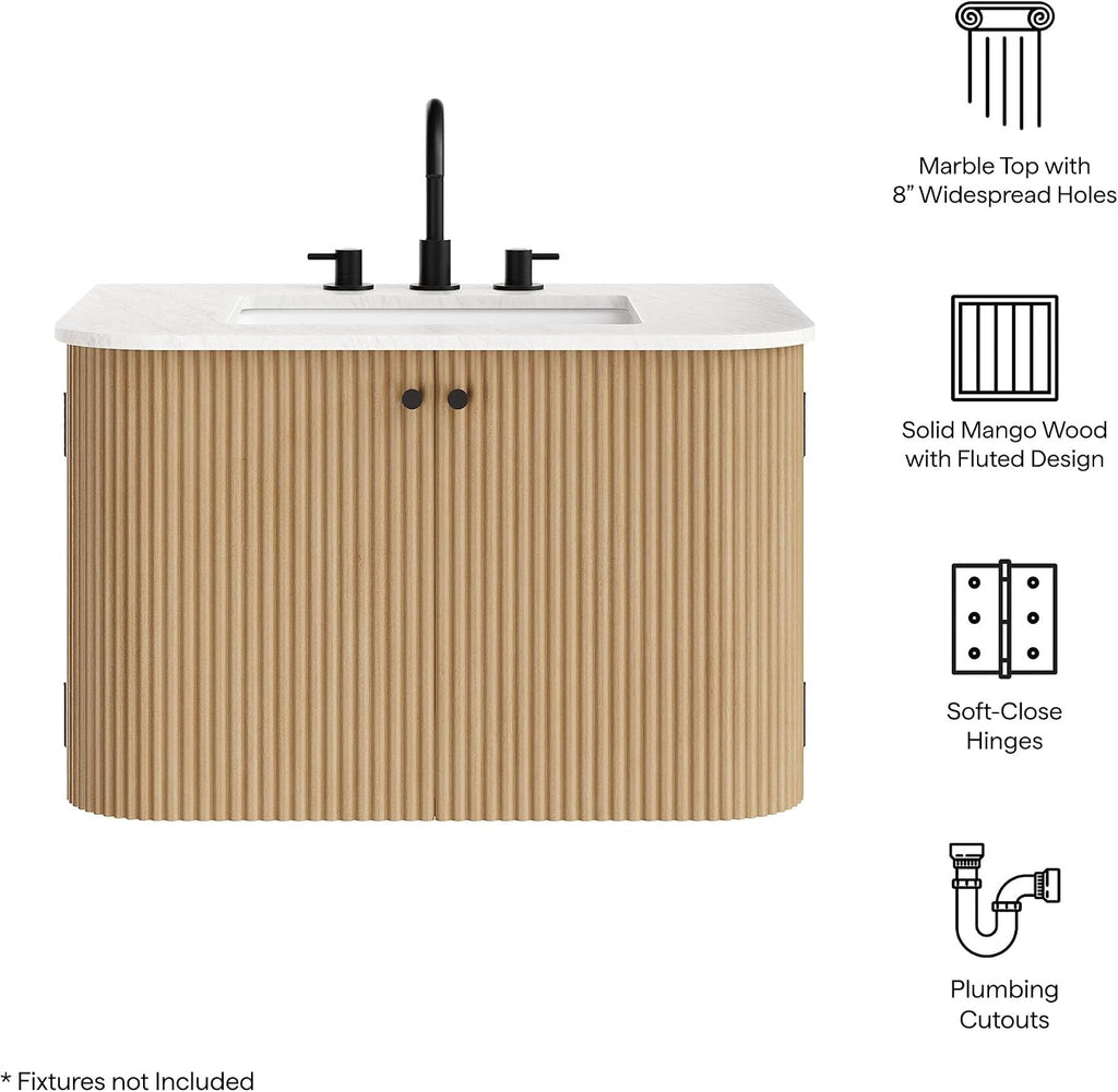 Modway Zia 30 Inch Wall-Mount Bathroom Vanity in Natural with Marble Sink Basin - Floating Bathroom Cabinet with Fluted Design