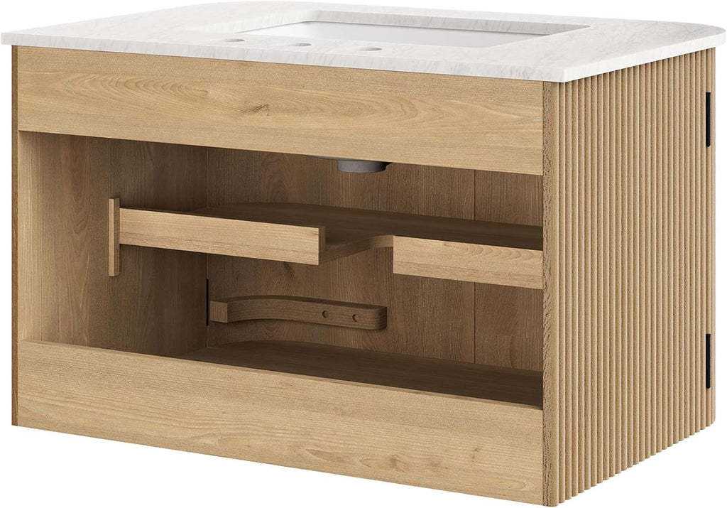 Modway Zia 30 Inch Wall-Mount Bathroom Vanity in Natural with Marble Sink Basin - Floating Bathroom Cabinet with Fluted Design