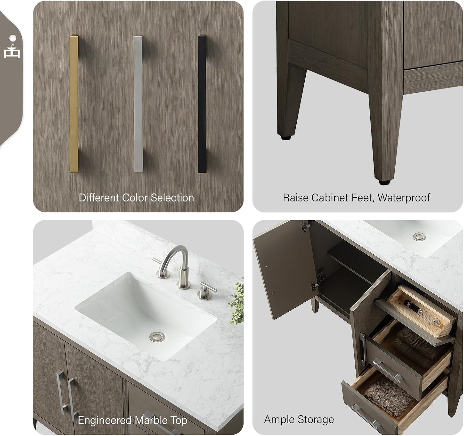 Vanity Art 42 inch Bathroom Vanity with Single Sink & Ceramic Top, Vanity Cabinet with Soft-Closing Doors, Drawers, Solid Wood Frame, Driftwood Gray, Brushed Nickle Handware