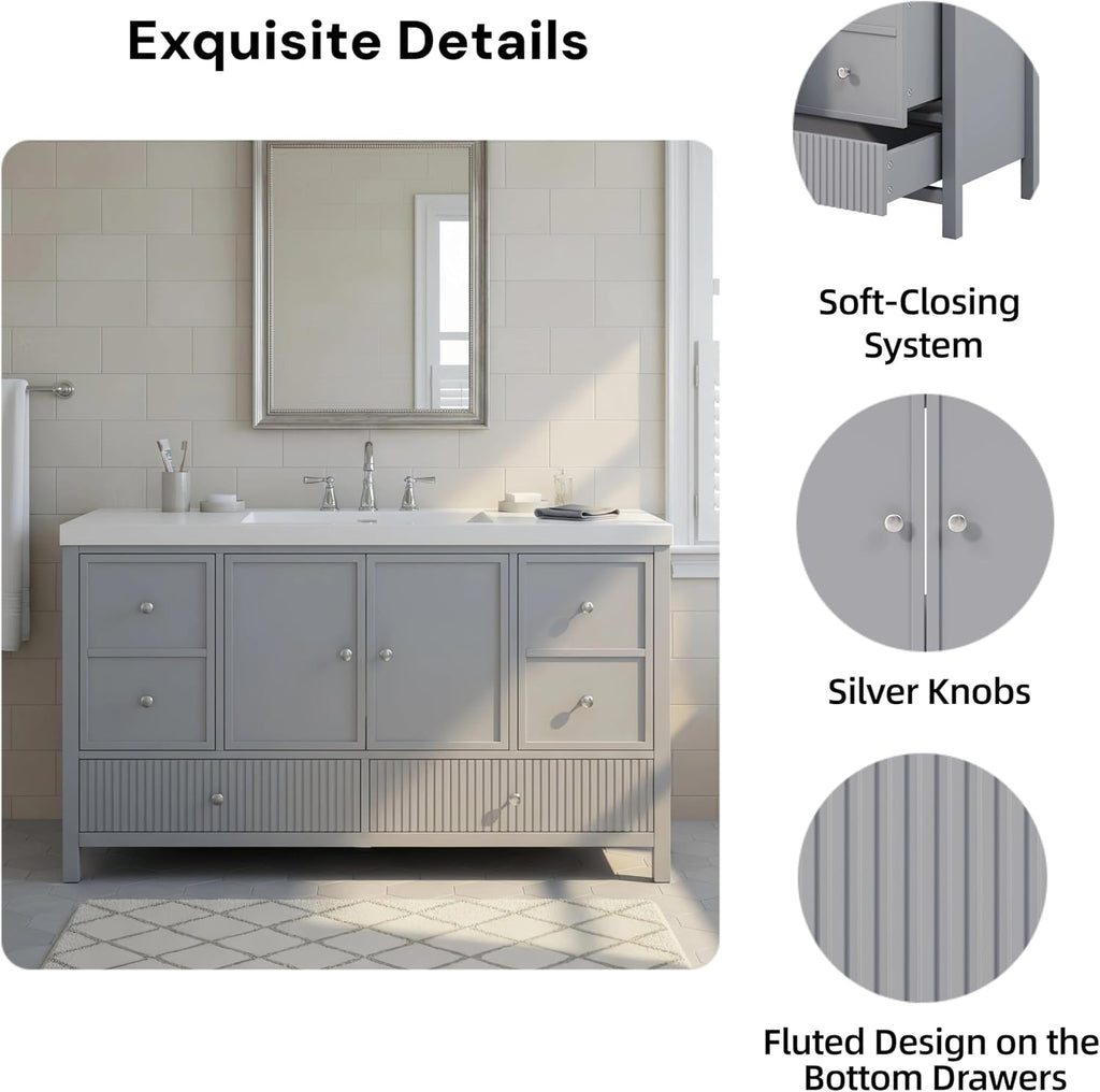 Merax 60 Inch Bathroom Vanity with Sink, Modern Freestanding Storage Cabinet with Soft Close Doors and 4 Drawers, Large Bathroom Furniture, Engineered Marble Top, Grey