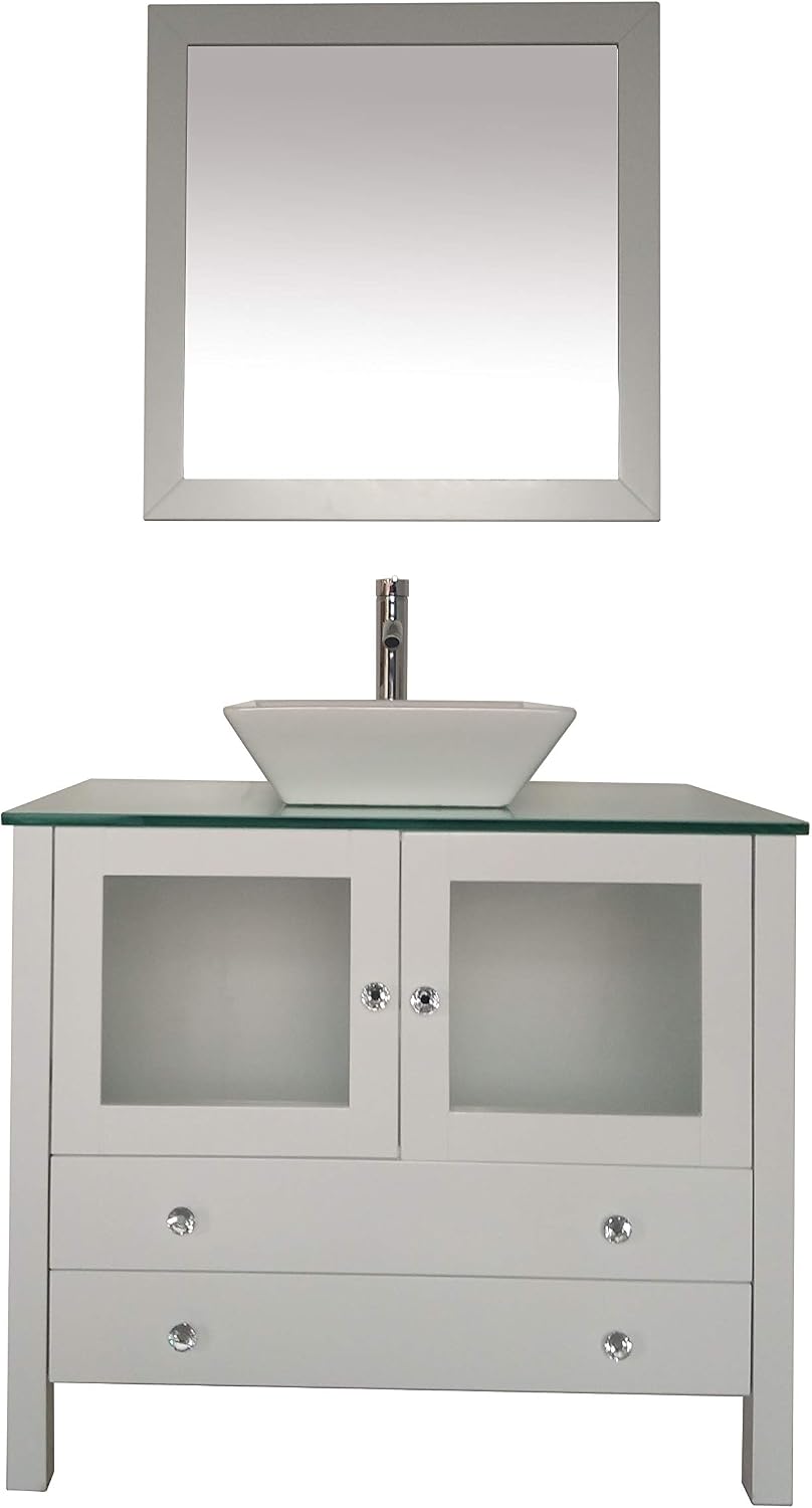 36' Freestanding Wooden Modern Bathroom Vanity Ceramic Sink Vessel Set Bathroom Mirror Included (36', White)