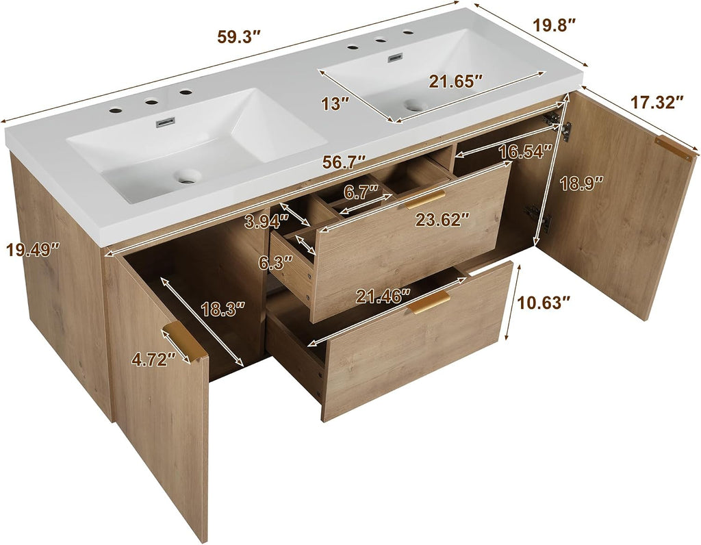 60'' Floating Bathroom Vanity with Sink, Wall-Mounted Cabinet with Drawer & Doors, SMC Resin Top Undermount Basin, Soft-Close, with Handle for Large Bathrooms