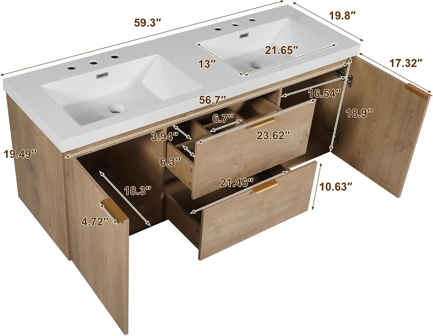 60'' Floating Bathroom Vanity with Sink, Wall-Mounted Cabinet with Drawer & Doors, SMC Resin Top Undermount Basin, Soft-Close, with Handle for Large Bathrooms