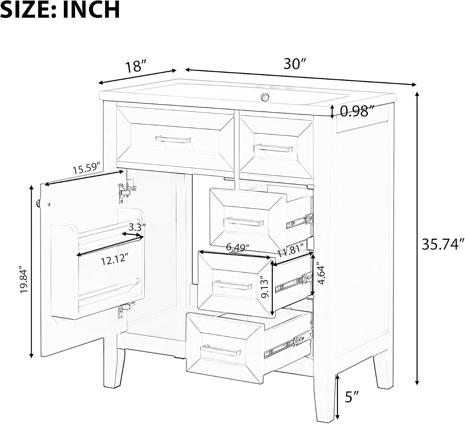 LUMISOL 30' Bathroom Vanity with Ceramic Sink, Modern Freestanding Bathroom Vanity with 3 Drawers & Door with Racks, Solid Wood Bathroom Storage Cabinet with Single Sink, White