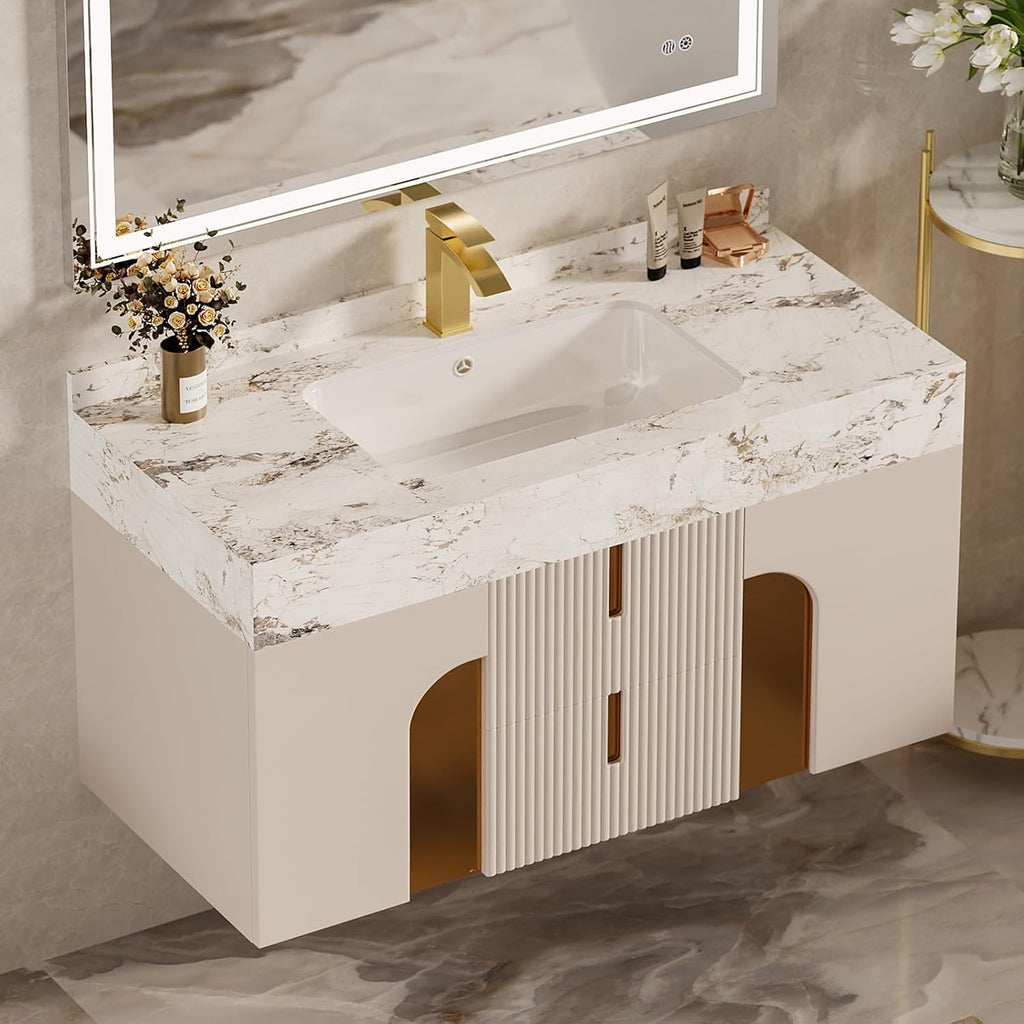 homary 36 Inch Bathroom Vanity with Sink, Contemporary Floating Vanity with Sintered Stone Countertop & Undermount Ceramic Basin, 2 Drawers & 2 Open Shelves, Space Saving Design, Beige