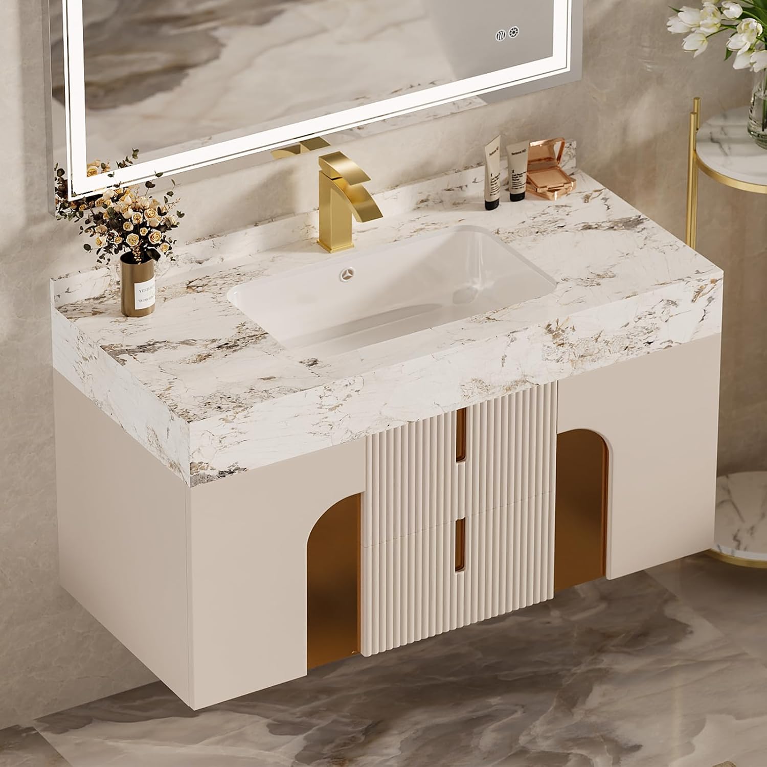 homary 36 Inch Bathroom Vanity with Sink, Contemporary Floating Vanity with Sintered Stone Countertop & Undermount Ceramic Basin, 2 Drawers & 2 Open Shelves, Space Saving Design, Beige
