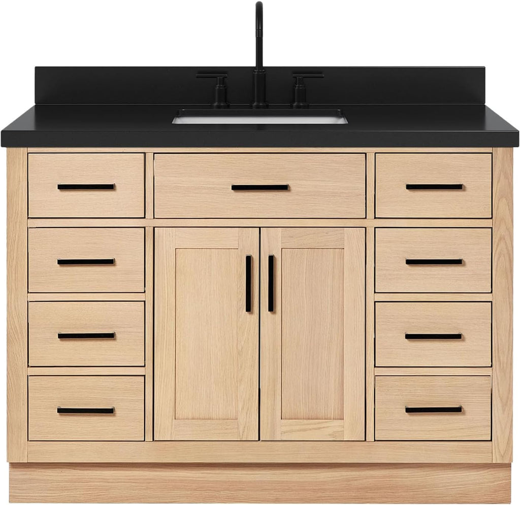 ARIEL Hepburn 48-inch Bathroom Vanity with Sink,Solid Wood, 1.5-inch Carbon Black Quartz Countertop, Single Rectangular Porcelain Sink, Soft Closing Doors, Dovetail Drawers, Oak