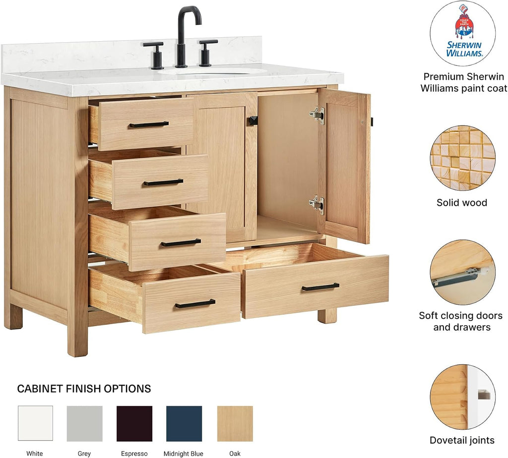 DKB Beckford 42-Inch Oak Single Bathroom Vanity with Sink, Carrara White Quartz Countertop & 1.5' Miter Edge, 4' Backsplash, Soft Closing Door & Drawer, Matte Black Hardware