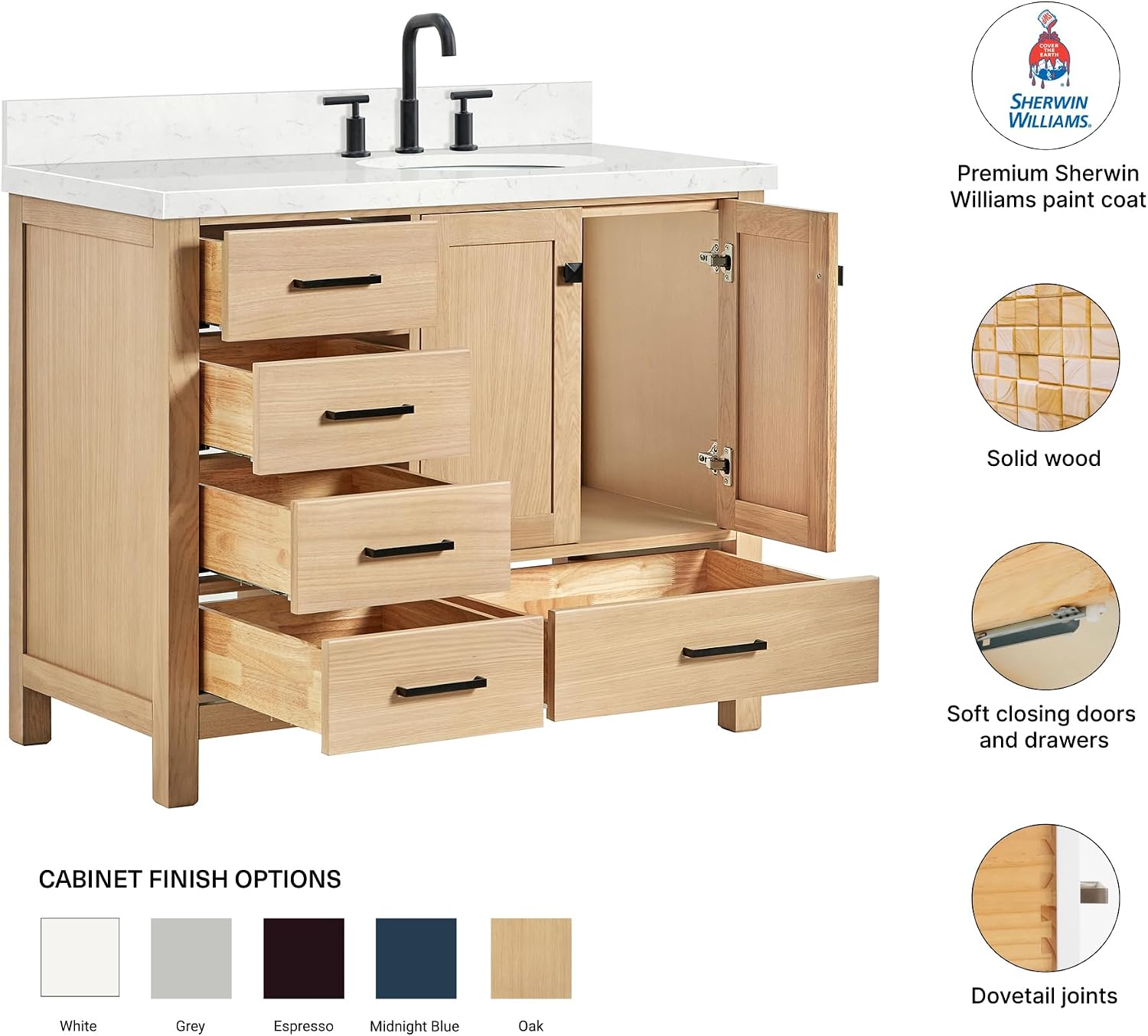 DKB Beckford 42-Inch Oak Single Bathroom Vanity with Sink, Carrara White Quartz Countertop & 1.5' Miter Edge, 4' Backsplash, Soft Closing Door & Drawer, Matte Black Hardware