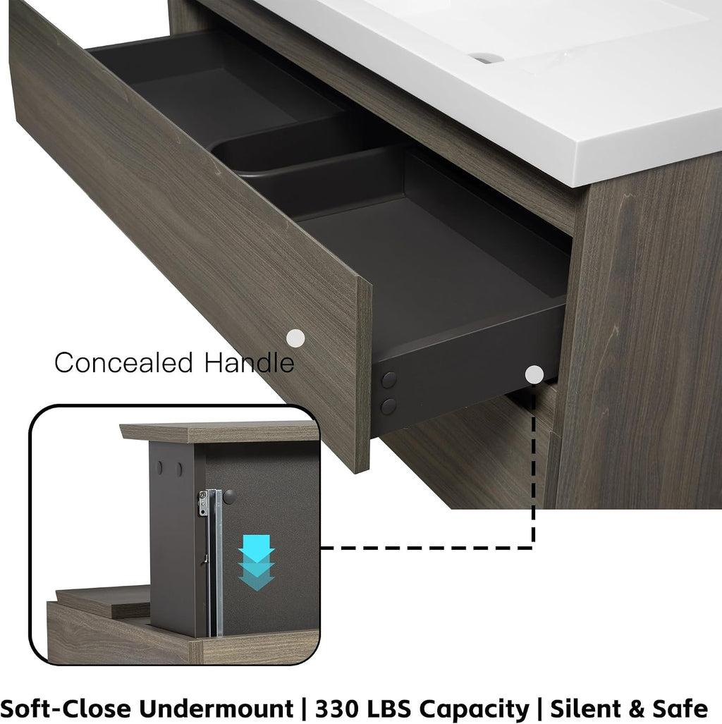 Neftis 42-Inch Floating Vanity with Sink, Pre-Assembled Modern Bathroom Vanity Sink Combo with Storage, Soft-Closing Drawers, One-piece Countertop White Resin Sink, Ash Grey Vanity for Bathroom