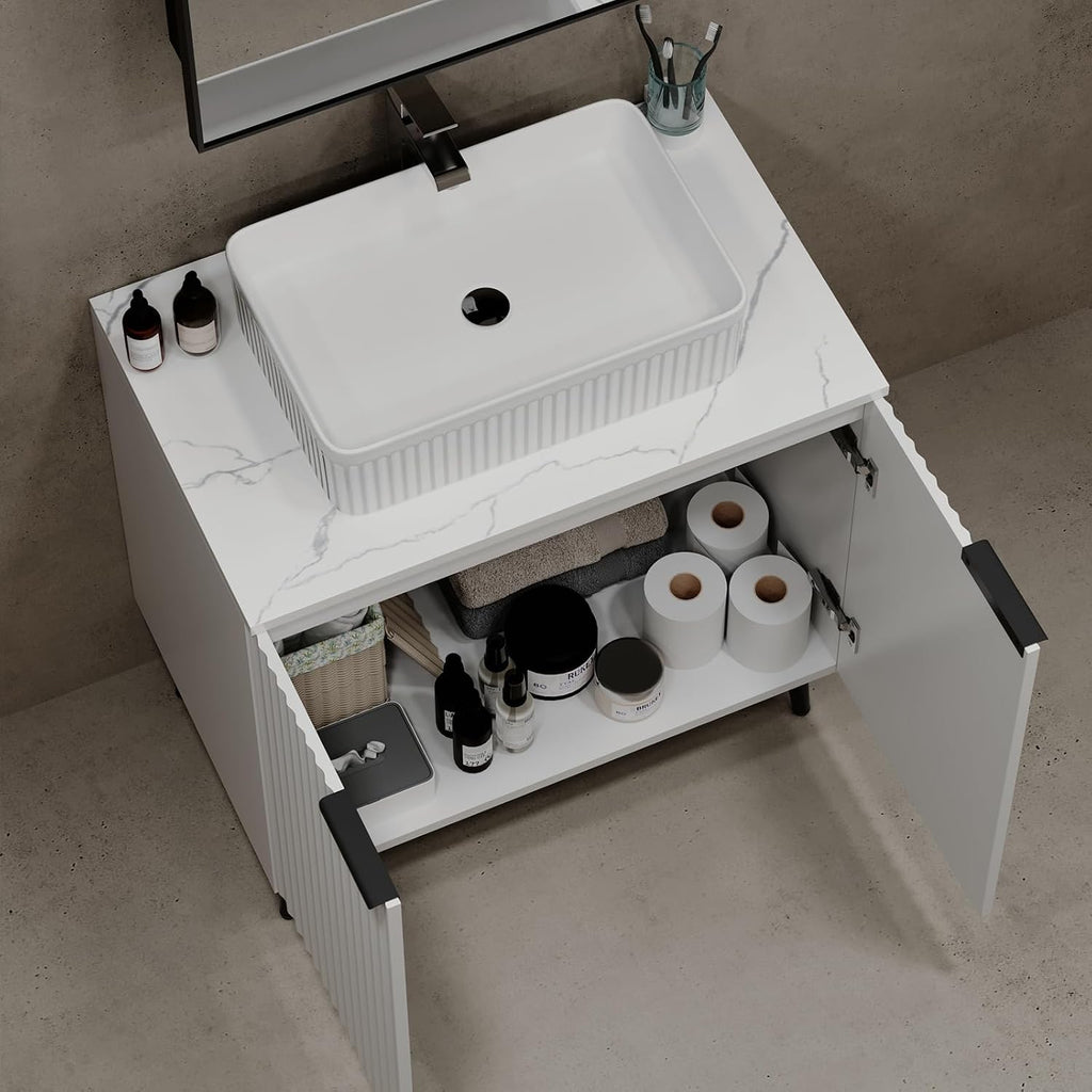 30' Bathroom Vanity, Freestanding Modern Fluted Bathroom Vanity Without Sink, Under Sink Storege Cabinet with 2 Soft-Close Doors, Metal Handle,Easy Assembly, White