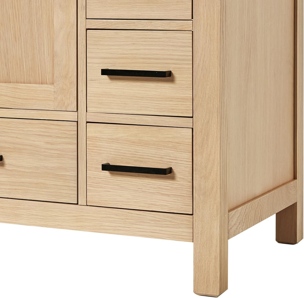 ARIEL Cambridge 42-Inch Oak Bathroom Vanity with Sink, Pure White Quartz Countertop 1.5' Miter Edge & 4' Backsplash, Porcelain Sink, Soft Closing Door & Drawer, Matte Black Hardware