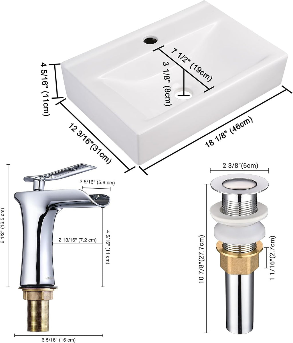 Aquaterior Porcelain Bathroom Vessel Sink 18'x12' with Chorme Single Handle Faucet Pop-up Drain Combo Rectangle Above Counter Vanity Basin Minimalist Modern