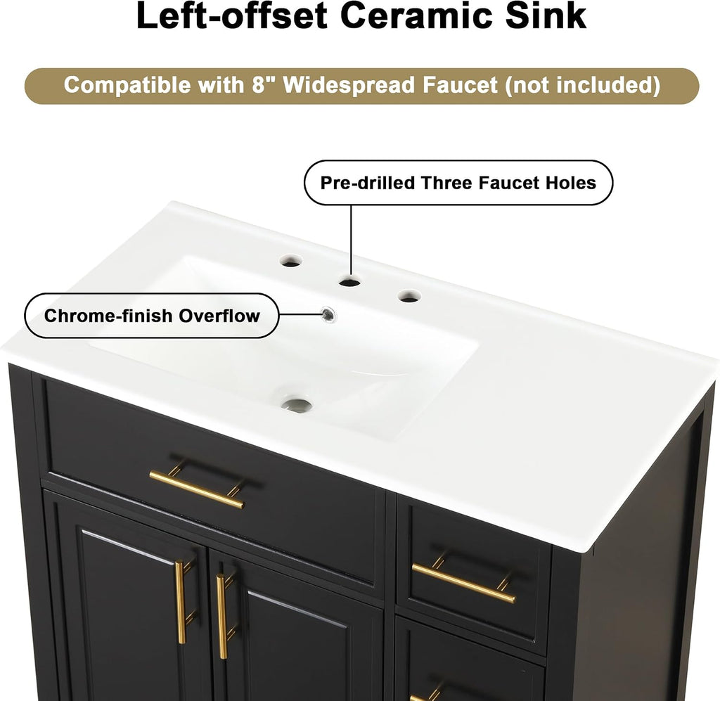 Favfurish 36' Bathroom Vanity with Sink Top and 2 Doors,Water-Resistant Wood Cabinet Vanities w/ 3 Drawers & Chrome-Finish Overflow,Pre-driled Three Faucet Holes,Multi-Functional Storger Space,Black