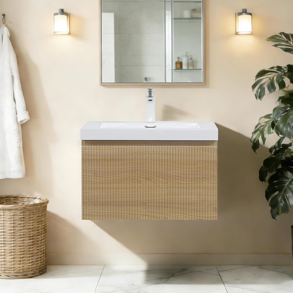 Modern 24'' Floating Bathroom Vanity Sink Combo, Wall-Mounted Striped Cabinet with Soft-Close Drawer, Double Glossy White Basins, Natural Oak Finish - Elegant Storage Solution