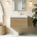 Modern 24'' Floating Bathroom Vanity Sink Combo, Wall-Mounted Striped Cabinet with Soft-Close Drawer, Double Glossy White Basins, Natural Oak Finish - Elegant Storage Solution