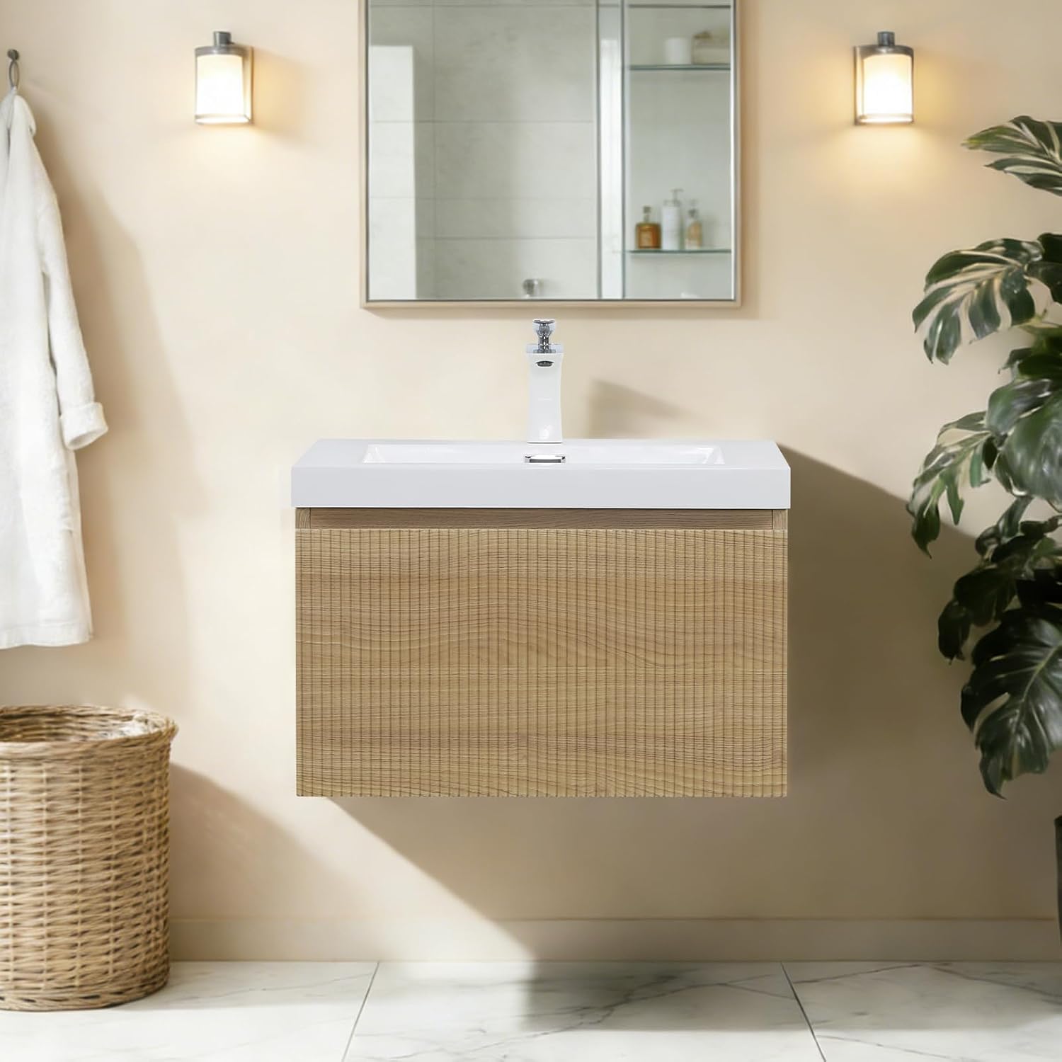 Modern 24'' Floating Bathroom Vanity Sink Combo, Wall-Mounted Striped Cabinet with Soft-Close Drawer, Double Glossy White Basins, Natural Oak Finish - Elegant Storage Solution